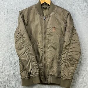 Java Monster Mens Small Jacket Bomber Olive Green Nylon Full Zip Long Sleeve EUC